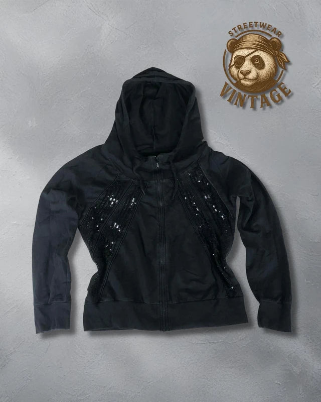 Hanorac Mavi negru cu paiete diagonale – glam streetwear statement L