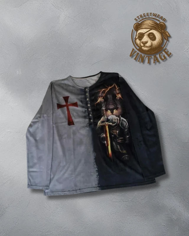 Longsleeve B Knights Templar bicolor gri-negru – medieval warrior epic print L
