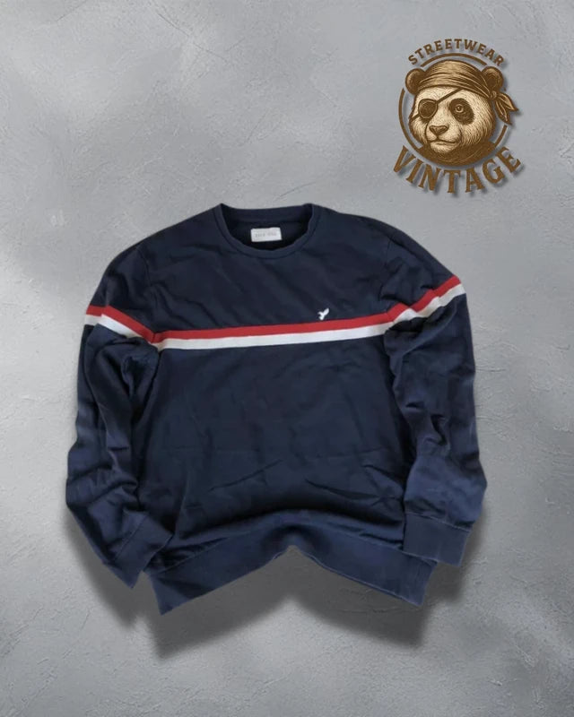 Crewneck B Pier One bleumarin cu dungi roșii albe – preppy casual vintage S