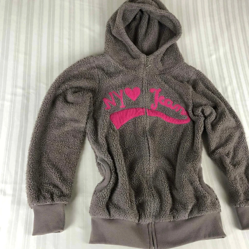 Hanorac Laura gri-maro teddy fleece cu logo roz – cozy Y2K cute S-M